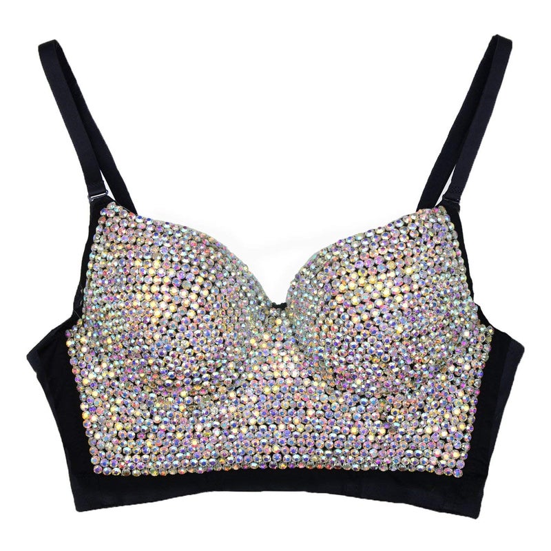 ELLACCI Women's Rhinestone Colored Diamond Luxury Bustier Crop Top Sexy Punk Corset Bra Black Large - Image 1